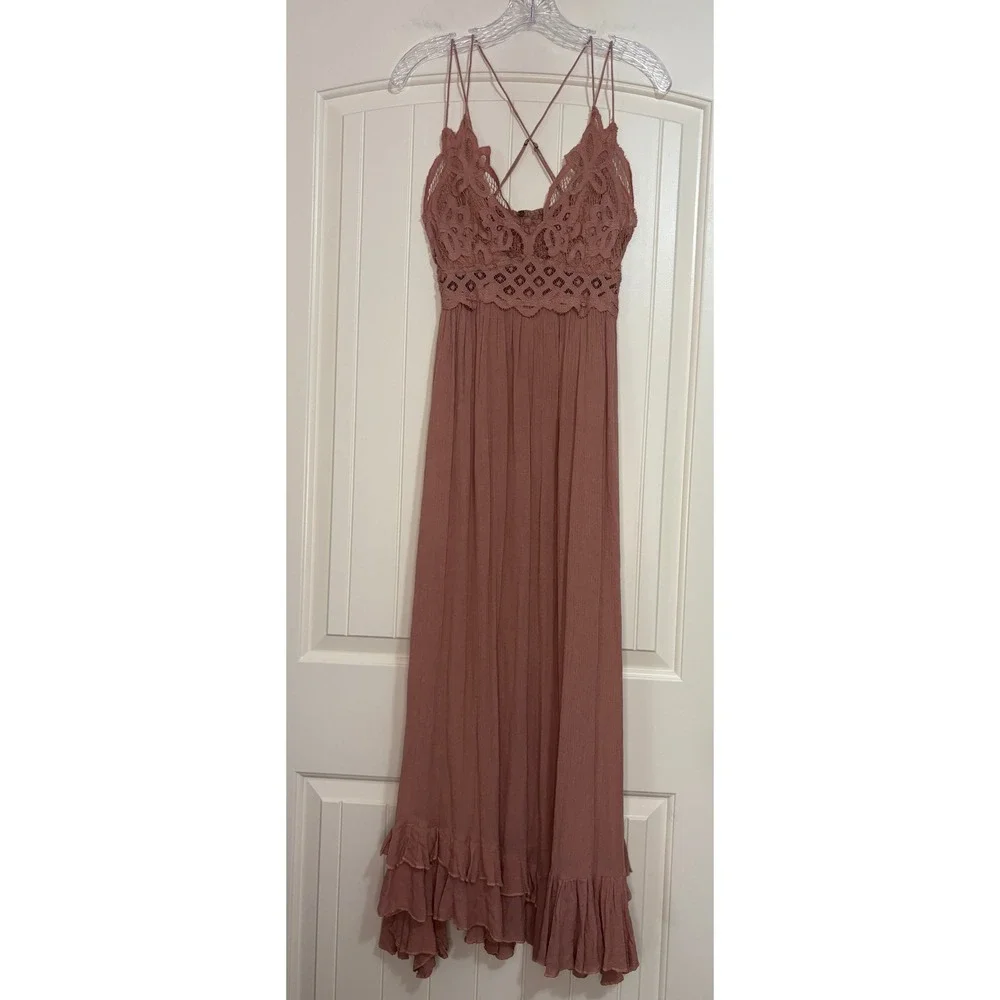 Free People Adella Maxi Dress Mauve Pink Boho Lace Crochet Ruffle Sm Coachella